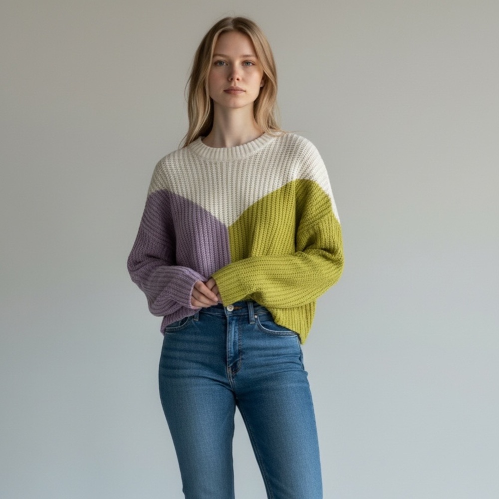 Sincerely Jules ColorBlock Knit Cropped Med. Pullover Sweater White Green Purple